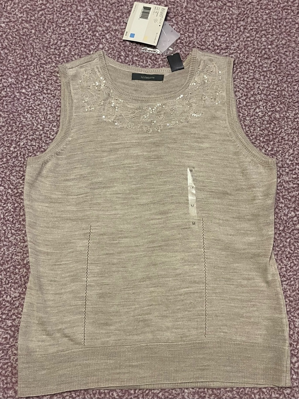 NWT Liz Claiborne Women's Neutral Sleeveless Beige Crewneck Fitted Sweater